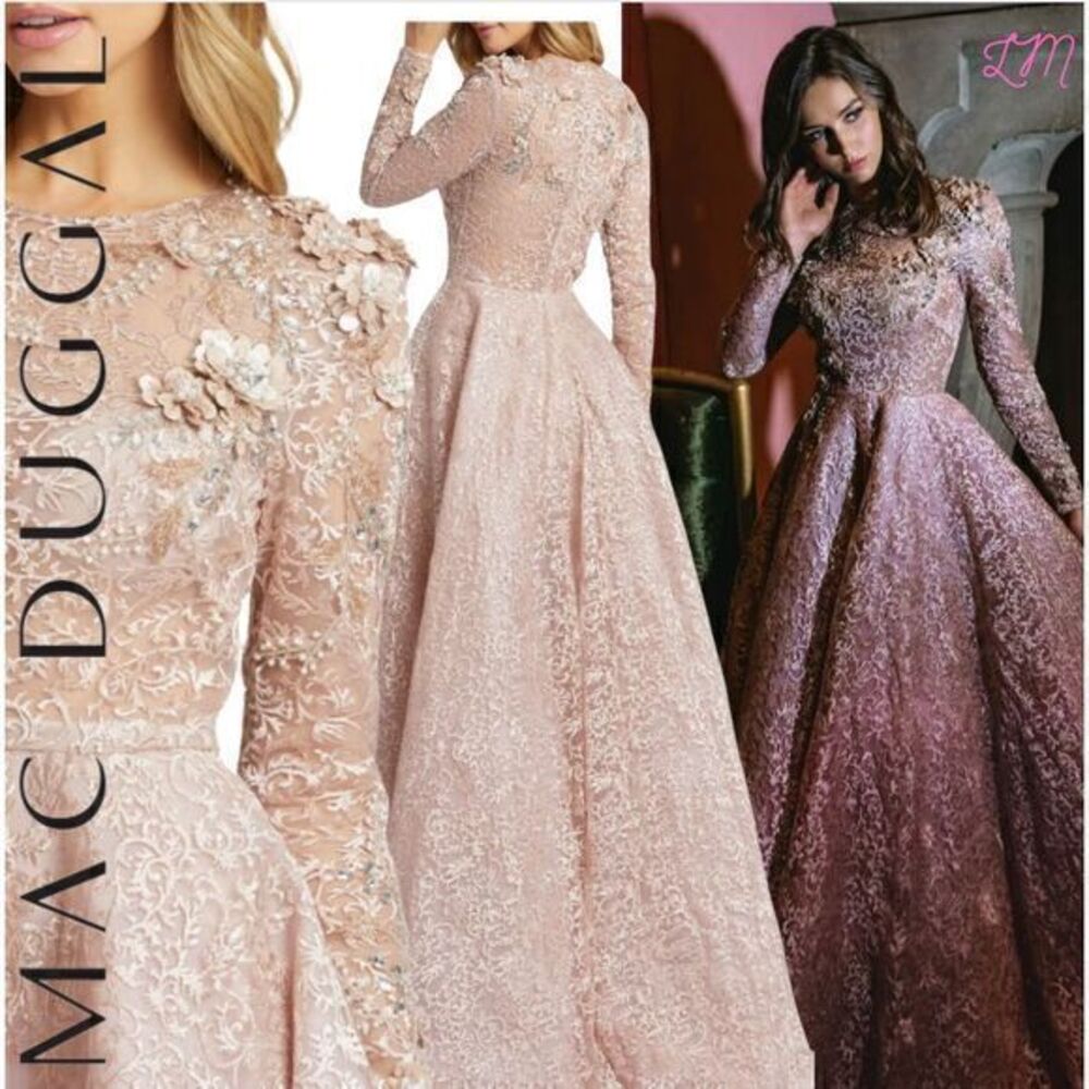 Mac Duggal 11121 Embellished Illusion Long Sleeve A Line Gown Mocha Size 4